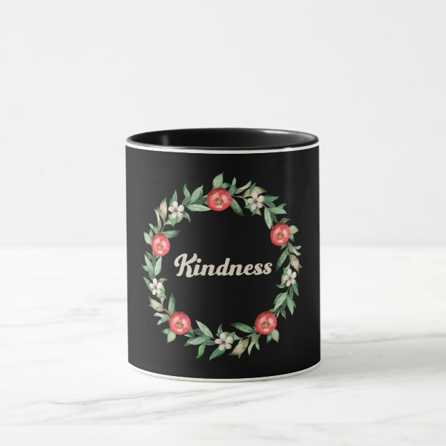 Black Mug with Pink Pomegranate Wreath-Peace Print (Center)