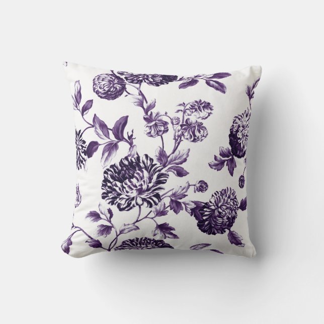Black Mulberry Purple & White Floral Toile No.2 Cushion (Front)