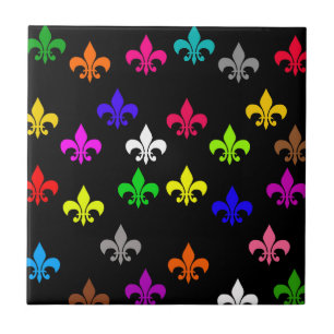 Black Multicolored Fleur-de-lis Pattern Design Ceramic Tile