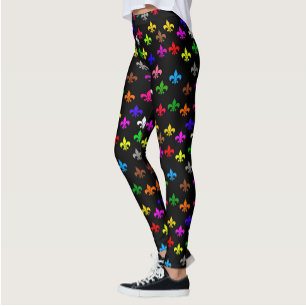 Black Multicolored Fleur-de-lis Pattern Design Leggings