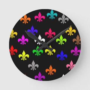 Black Multicolored Fleur-de-lis Pattern Design Round Clock