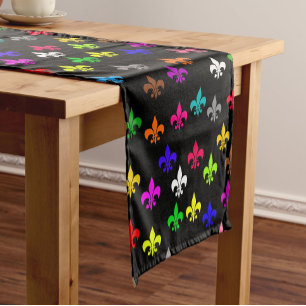 Black Multicolored Fleur-de-lis Pattern Design Short Table Runner