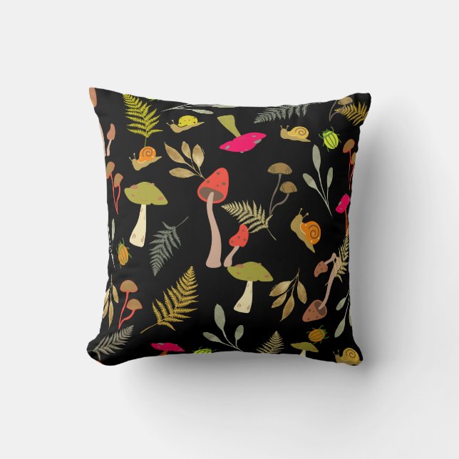 Black Mushroom Botanical Throw Pillow (Front)