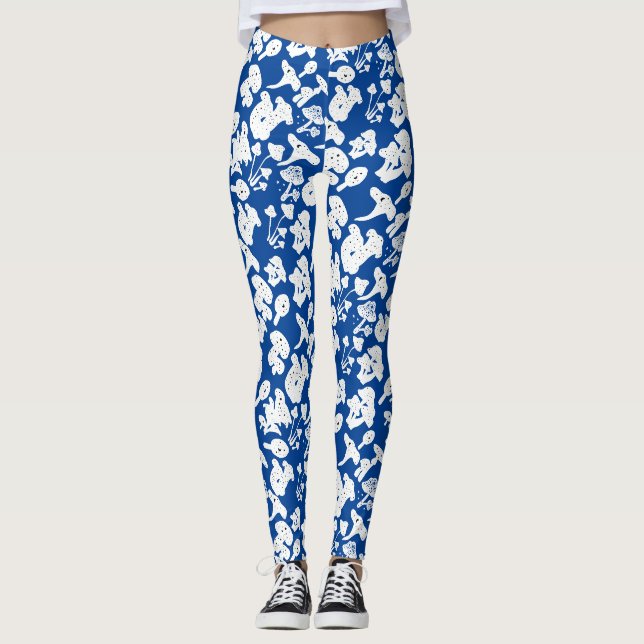 Black mushroom pattern 01b Blue BG Leggings (Front)