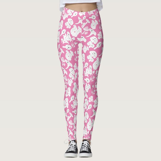 Black mushroom pattern 01b Pink BG Leggings (Front)
