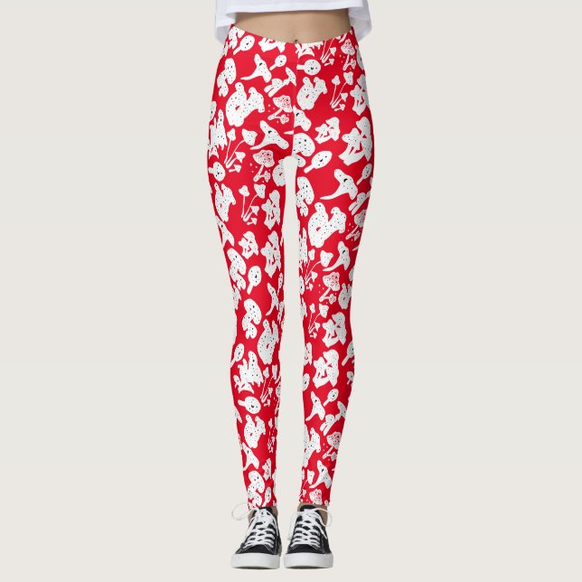 Black mushroom pattern 01b Red BG Leggings (Front)