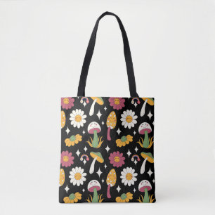 Black Mushroom, Rainbow and Daisies Pattern Tote Bag