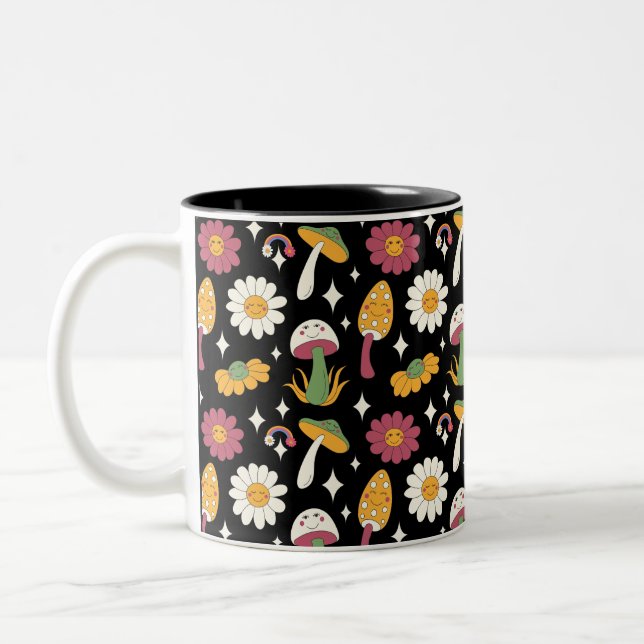 Black Mushroom, Rainbow and Daisies Pattern Two-Tone Coffee Mug (Left)