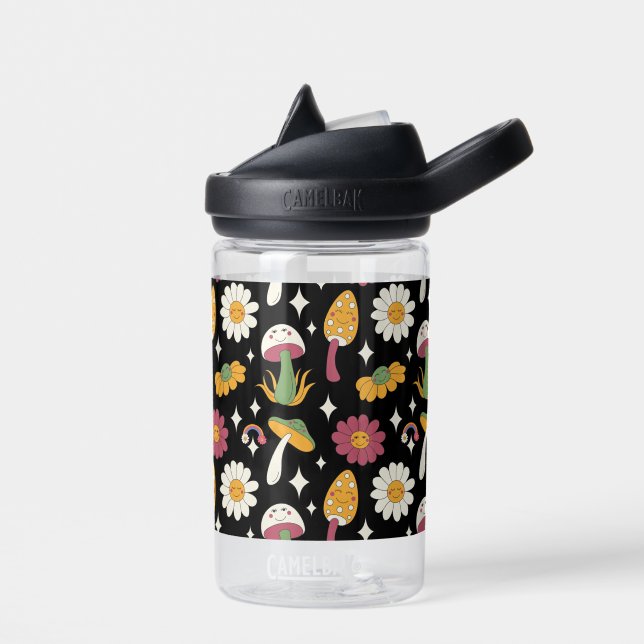 Black Mushroom, Rainbow and Daisies Pattern Water Bottle (Left)