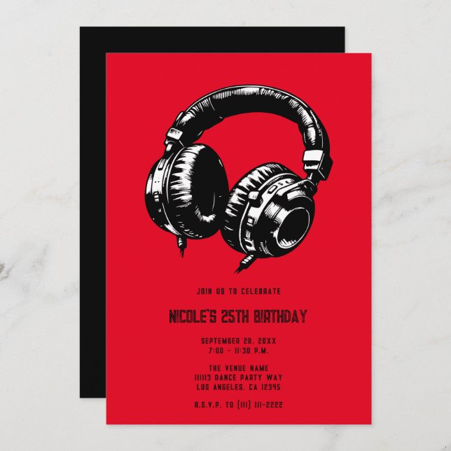Black Music Headphones Dance DJ Birthday Party Invitation (Front/Back)