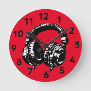 Black Music Headphones DJ  Round Clock