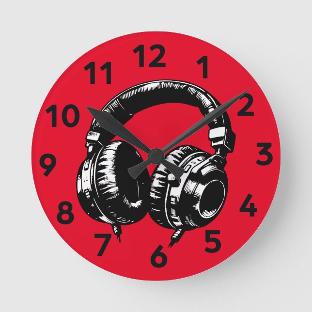 Black Music Headphones DJ  Round Clock (Front)