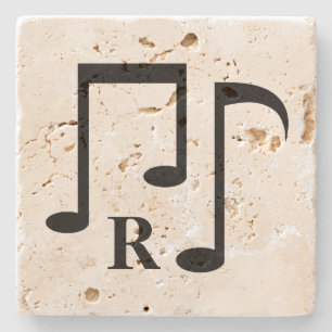 Black music notes and monogram stone coaster