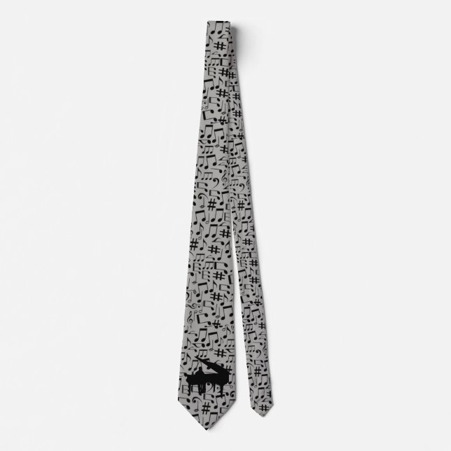 BLACK  MUSIC NOTES ON GREY-PIANO TIE (Front)