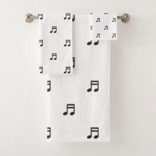 Black Music Notes Pattern on White Bath Towel Set