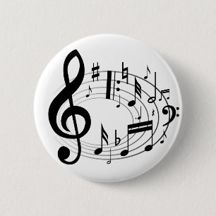 Black musical notes in oval shape 6 cm round badge