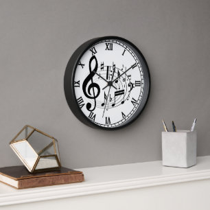 Black Musical Notes in Oval Shape designer clock