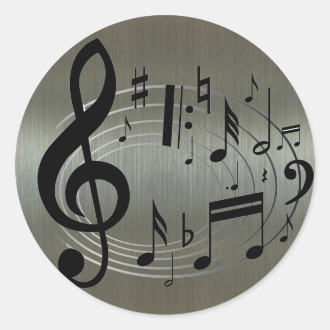 Black musical notes on aluminium background classic round sticker (Front)