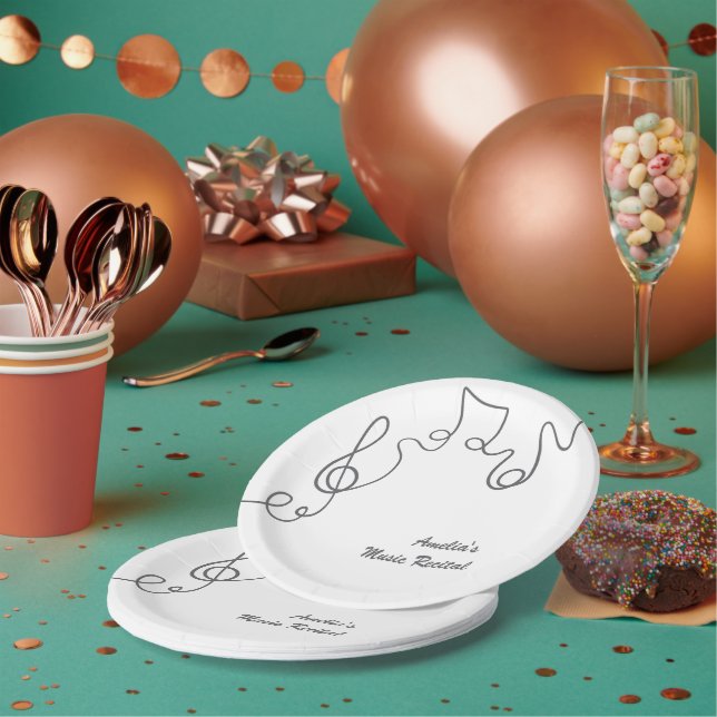 Black Musical Notes Treble Clef Music Event Paper Plate (Multi)
