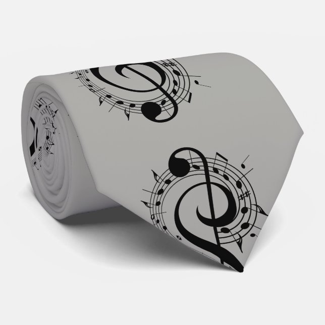 Black Musical Symbols on Grey Tie (Rolled)