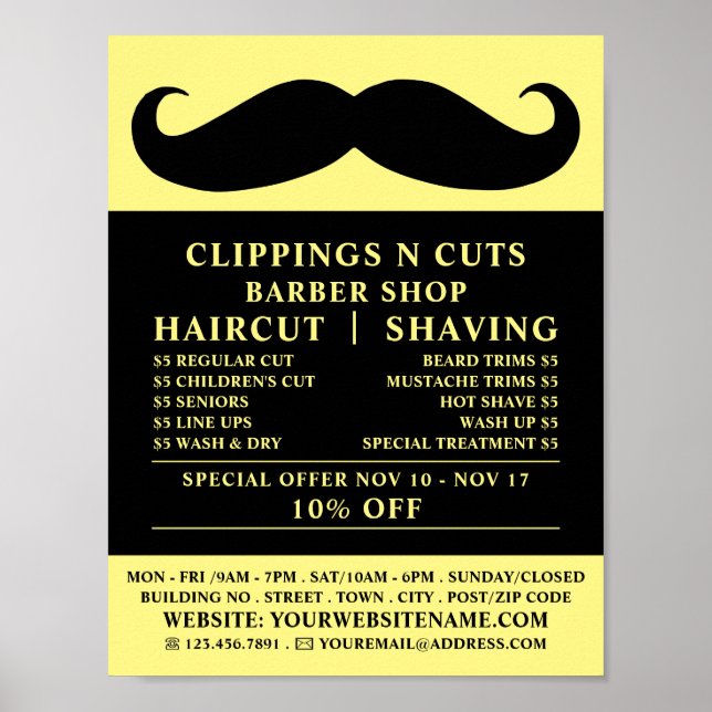 Black Mustache, Men's Barbers Advertising Poster (Front)