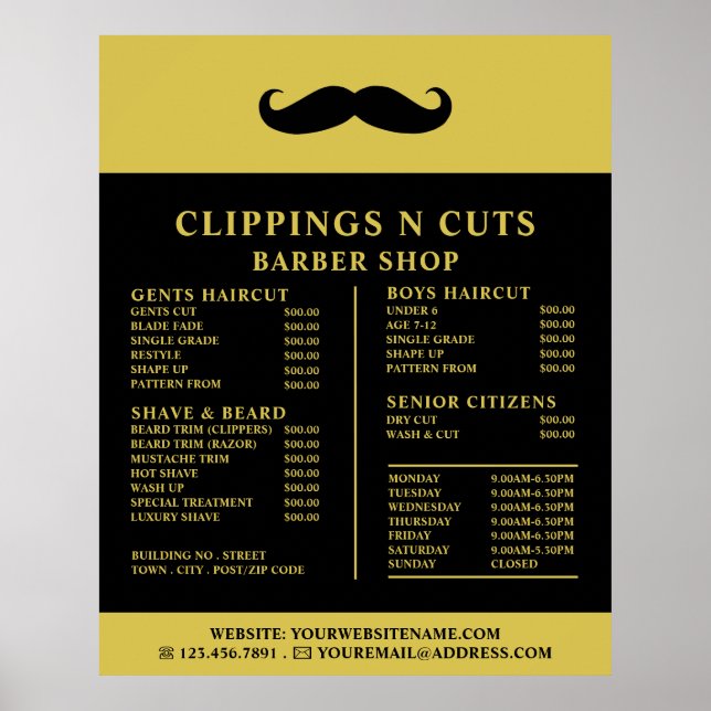Black Mustache, Men's Barbers Price List Poster (Front)