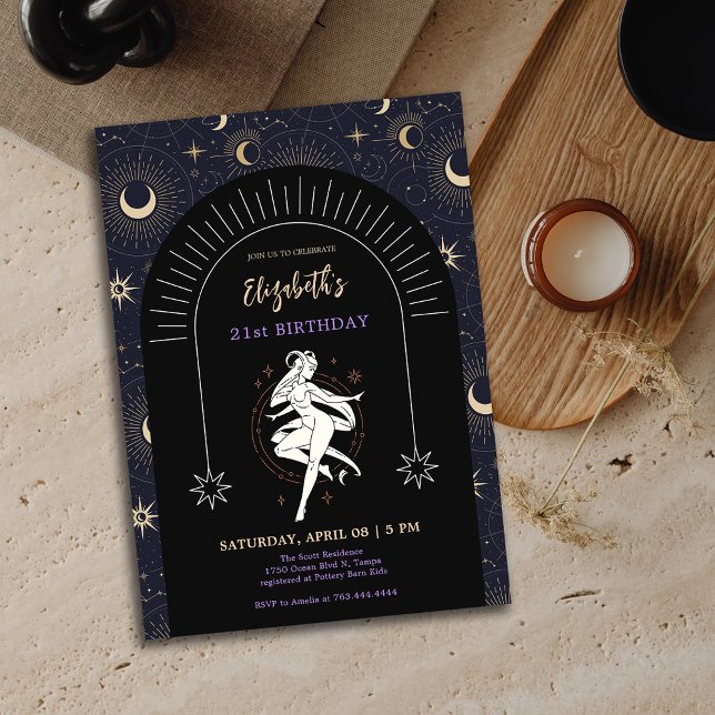 Black Mystic Aries Zodiac 21st Birthday  Invitation (Black Mystic Aries Zodiac 21st Birthday Invitation)