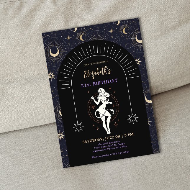 Black Mystic Leo Zodiac 21st Birthday  Invitation (Black Mystic Leo Zodiac 21st Birthday Invitation)