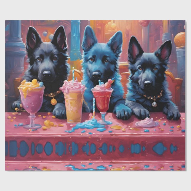 Black N Blue German Shepherd Puppies N Milkshakes Wrapping Paper (Flat)