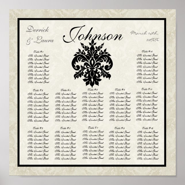 Black n Cream Damask Reception Table Seating Chart (Front)