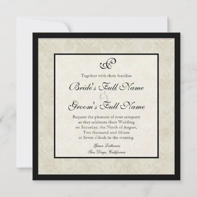 Black n Cream Fleur de Lis Damask Wedding Invitation (Front)