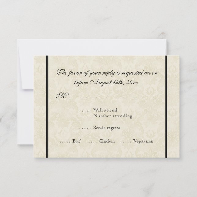 Black n Cream Fleur de Lis Damask Wedding RSVP Card (Front)