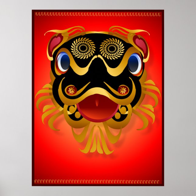 Black 'n Gold Chinese Dragon Face  Posters (Front)