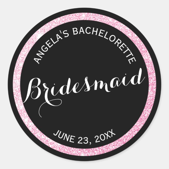 Black n Pink Glitter Matron of Honour Bachelorette Classic Round Sticker (Front)