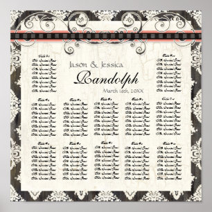 Black 'n White Damask Pink Wedding Seating Chart