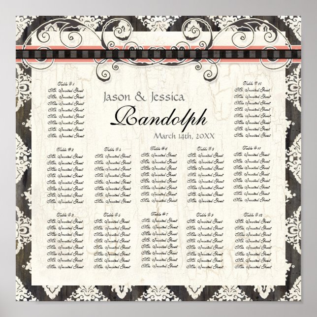 Black 'n White Damask Pink Wedding Seating Chart (Front)