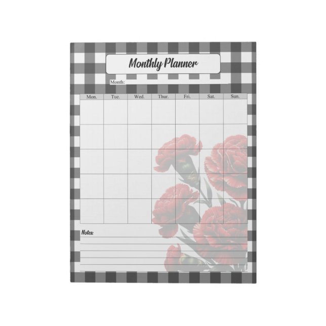 Black n White Floral Gingham _ Monthly Planner Notepad (Rotated)