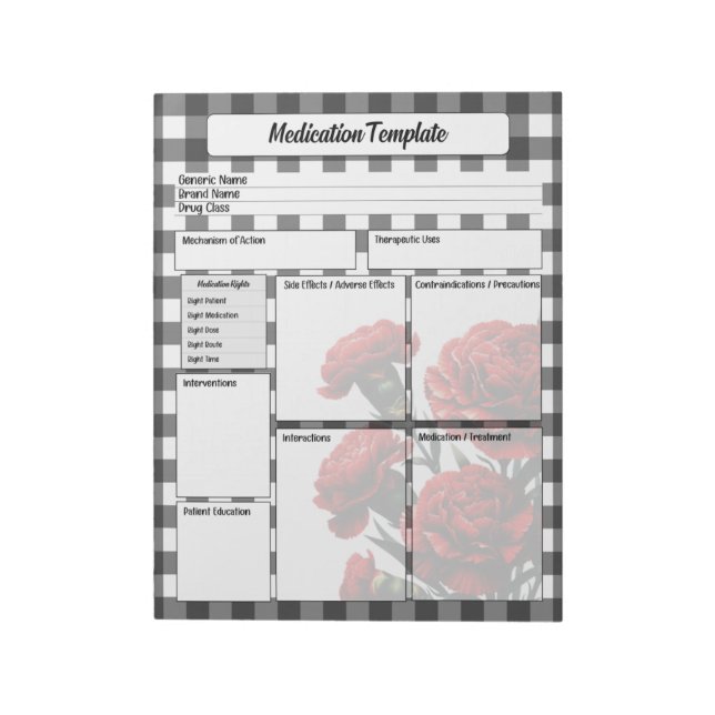 Black n White Floral _ Medication Template Notepad (Rotated)