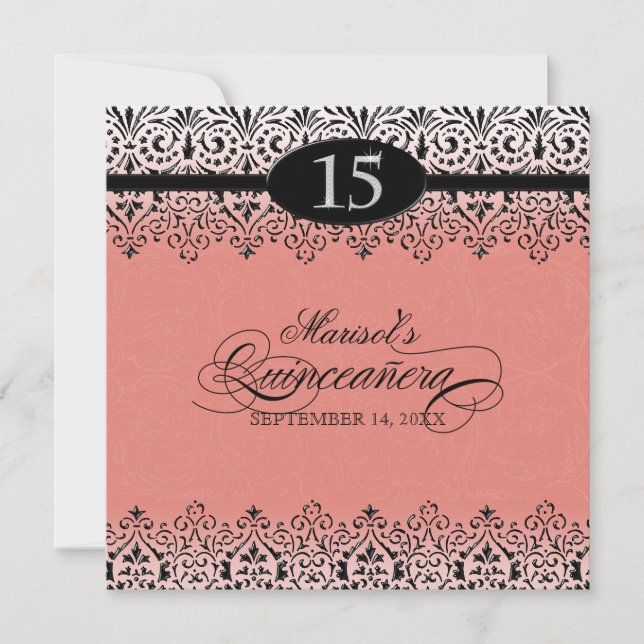Black n White Lace Look Silver 15th Quinceanera Invitation (Front)