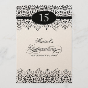 Black n White Lace Look Silver 15th Quinceanera Invitation