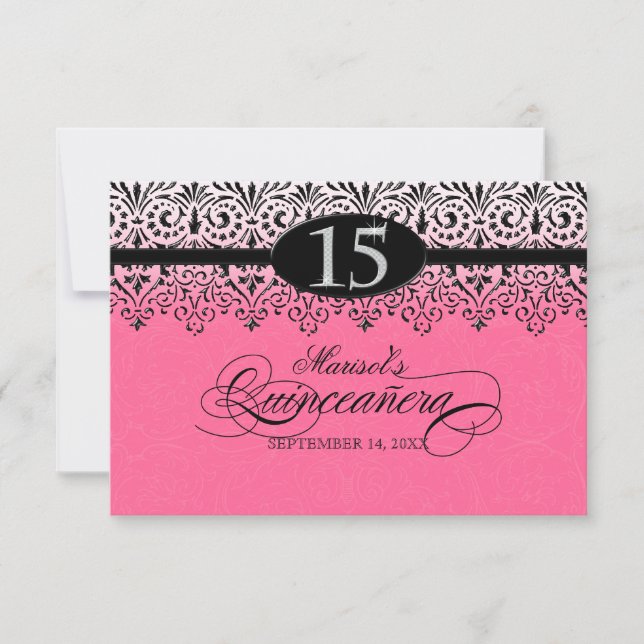 Black n White Lace Look Silver 15th Quinceanera RSVP Card (Front)