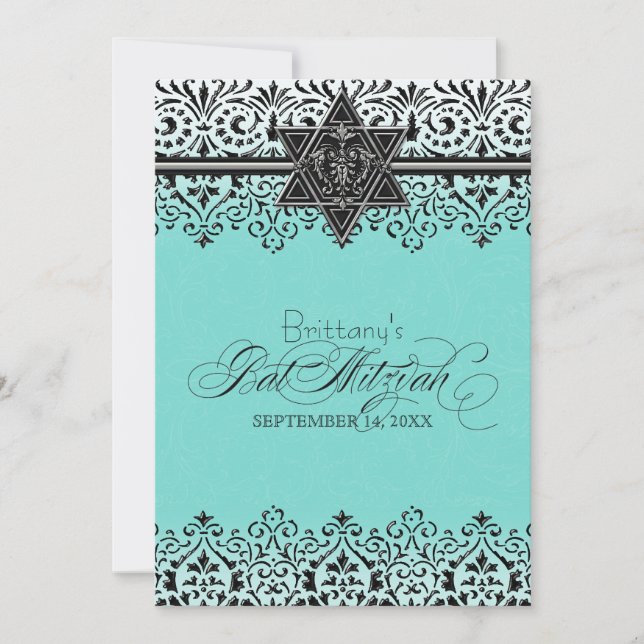 Black n White Lace Look Silver Bat Mitzvah Invite (Front)