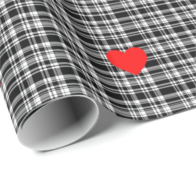 Black N' White tartan plaid with red heart detail Wrapping Paper (Roll Corner)