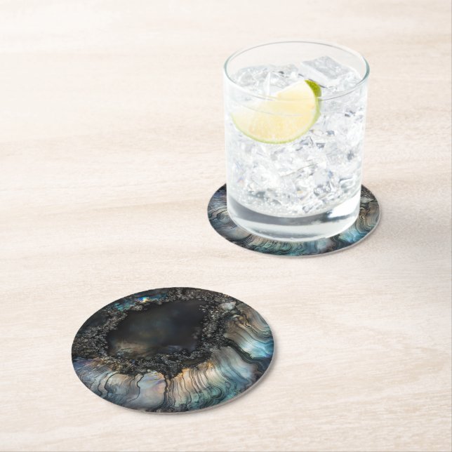 Black Nacre Nature Pattern Round Paper Coaster (Insitu)