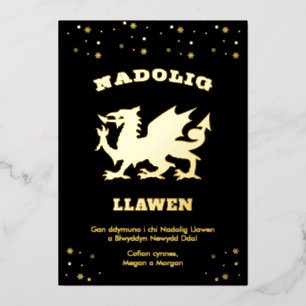 Black Nadolig Llawen Welsh Themed Merry Christmas Foil Holiday Card