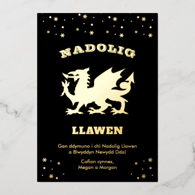 Black Nadolig Llawen Welsh Themed Merry Christmas Foil Holiday Card (Front)