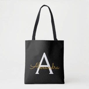 Black Name Gold Girly Script Monogram Modern Tote Bag