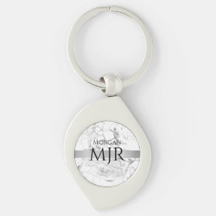 Black Name Large Monogram, White & Grey Marble Key Ring