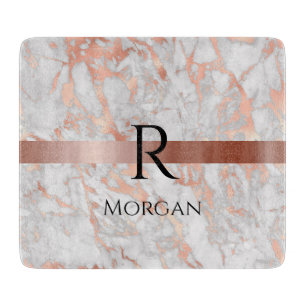 Black Name & Monogram, White & Rose Gold Marble Cutting Board