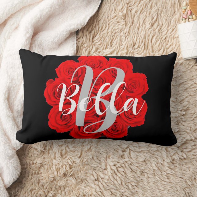 Black Name Personalised Red roses Lumbar Cushion (Blanket)